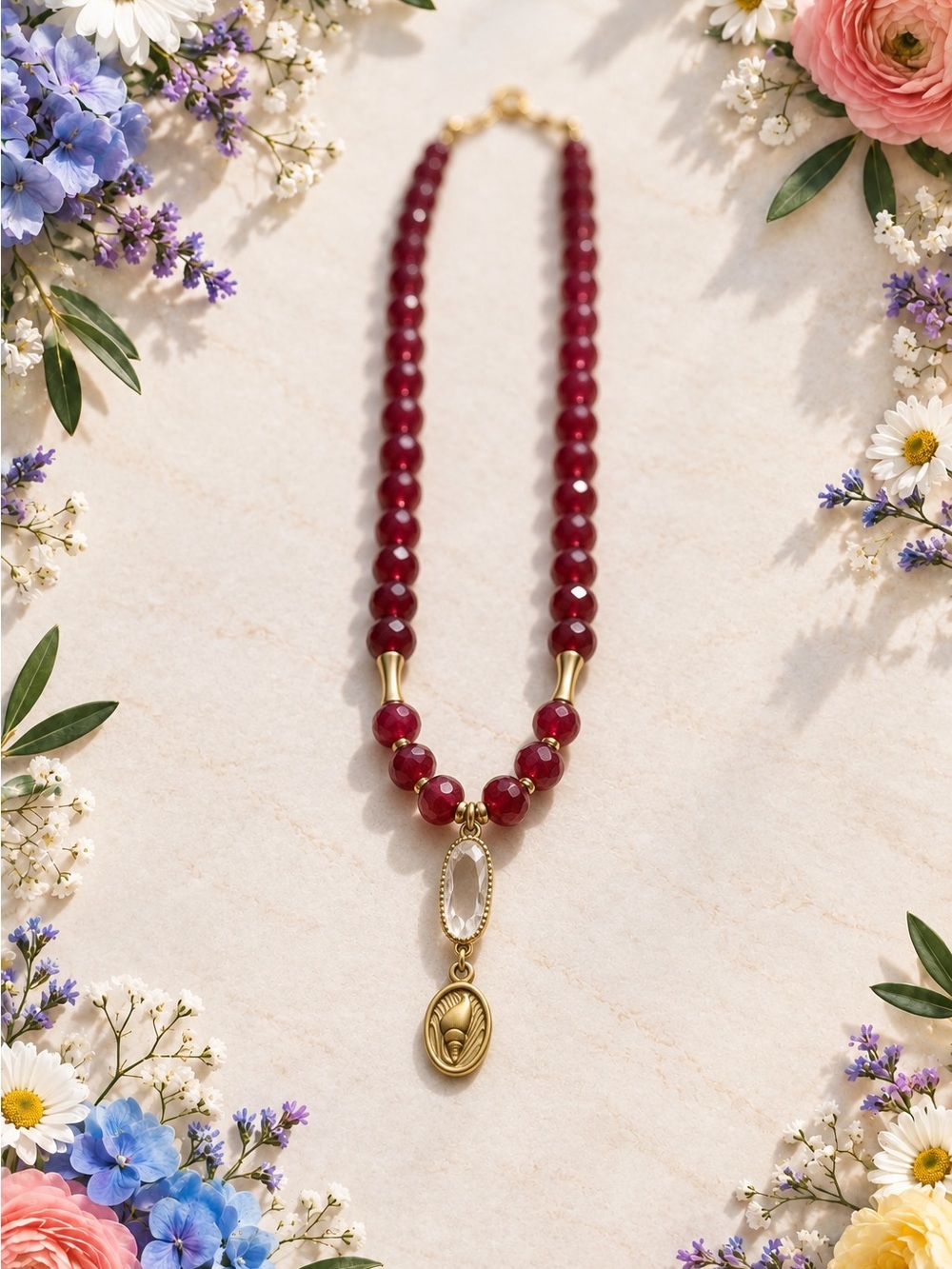 Gold and Deep Red Jasper necklace with stainless steel seashell pendant